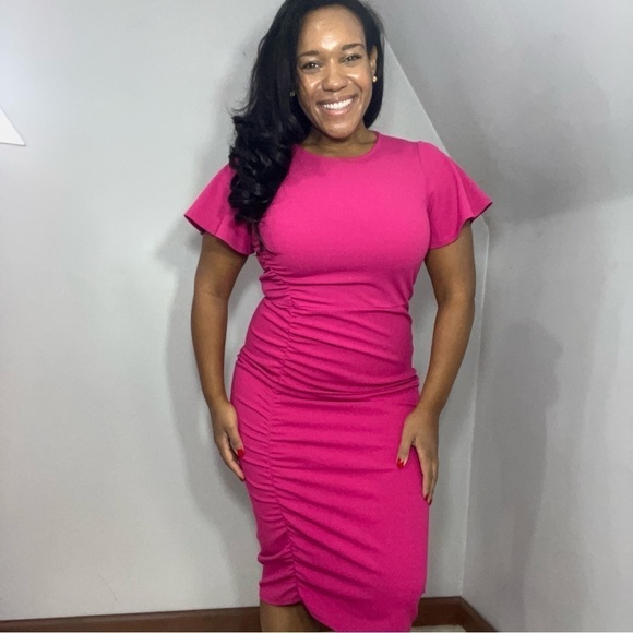 Rachel Roy pink midi dress flutter sleeve fitted bodycon fuchsia dress barbie - Picture 3 of 10